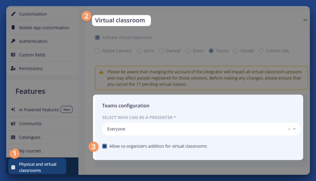 Teams co-organiser settings