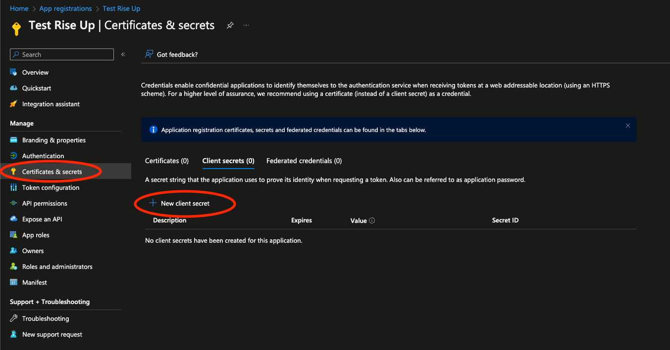 Certificates and secrets page