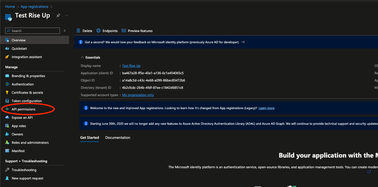 API permissions — Add a permission panel