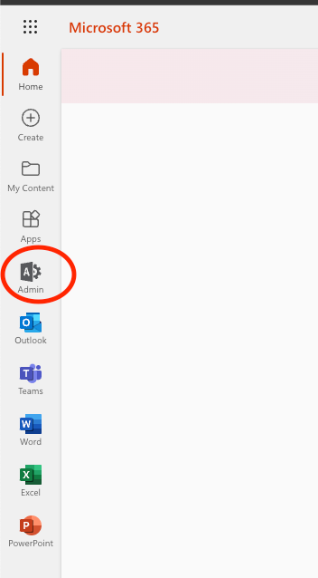 Microsoft 365 admin center — Admin button