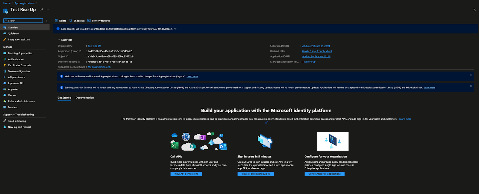 Page Vue d'ensemble de l'inscription d'application