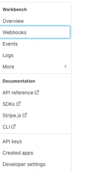 Stripe Developers menu showing Workbench, Documentation, API keys, Created apps and Developer settings