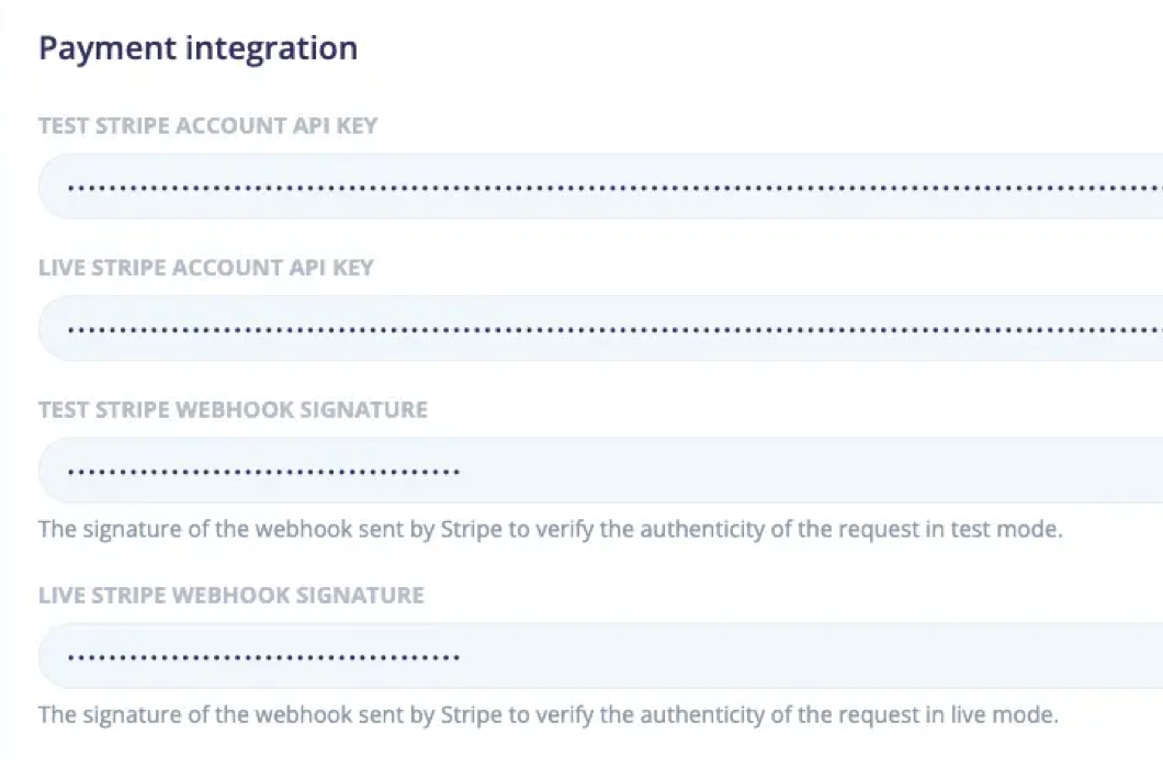 Platform Payment integration section with four masked fields for test and live Stripe API keys and webhook signatures