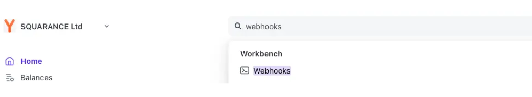 Stripe Dashboard search bar with 'webhooks' typed and the Workbench Webhooks result highlighted