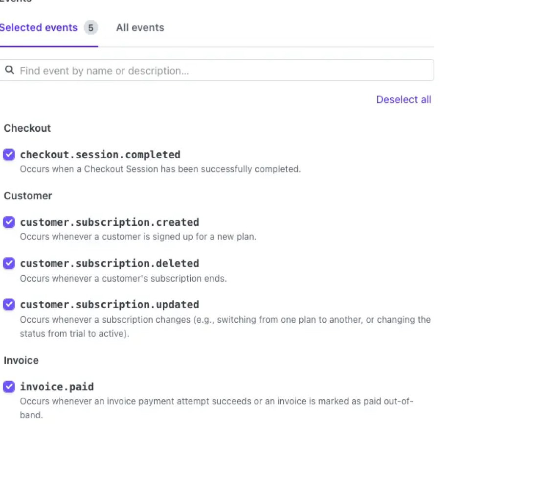 Stripe Selected events tab with five events checked across Checkout, Customer and Invoice categories
