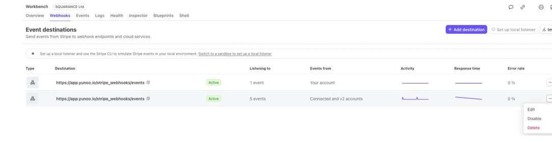 Stripe Event destinations list with two active destinations and the row menu showing Edit, Disable and Delete