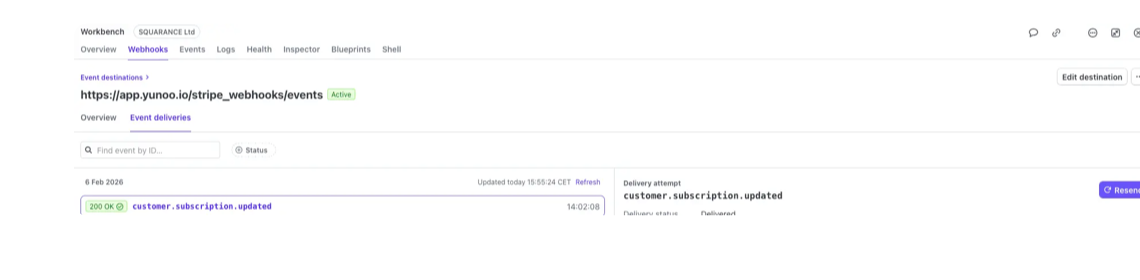 Stripe destination details page on the Event deliveries tab showing a 200 OK customer.subscription.updated event and the Resend button